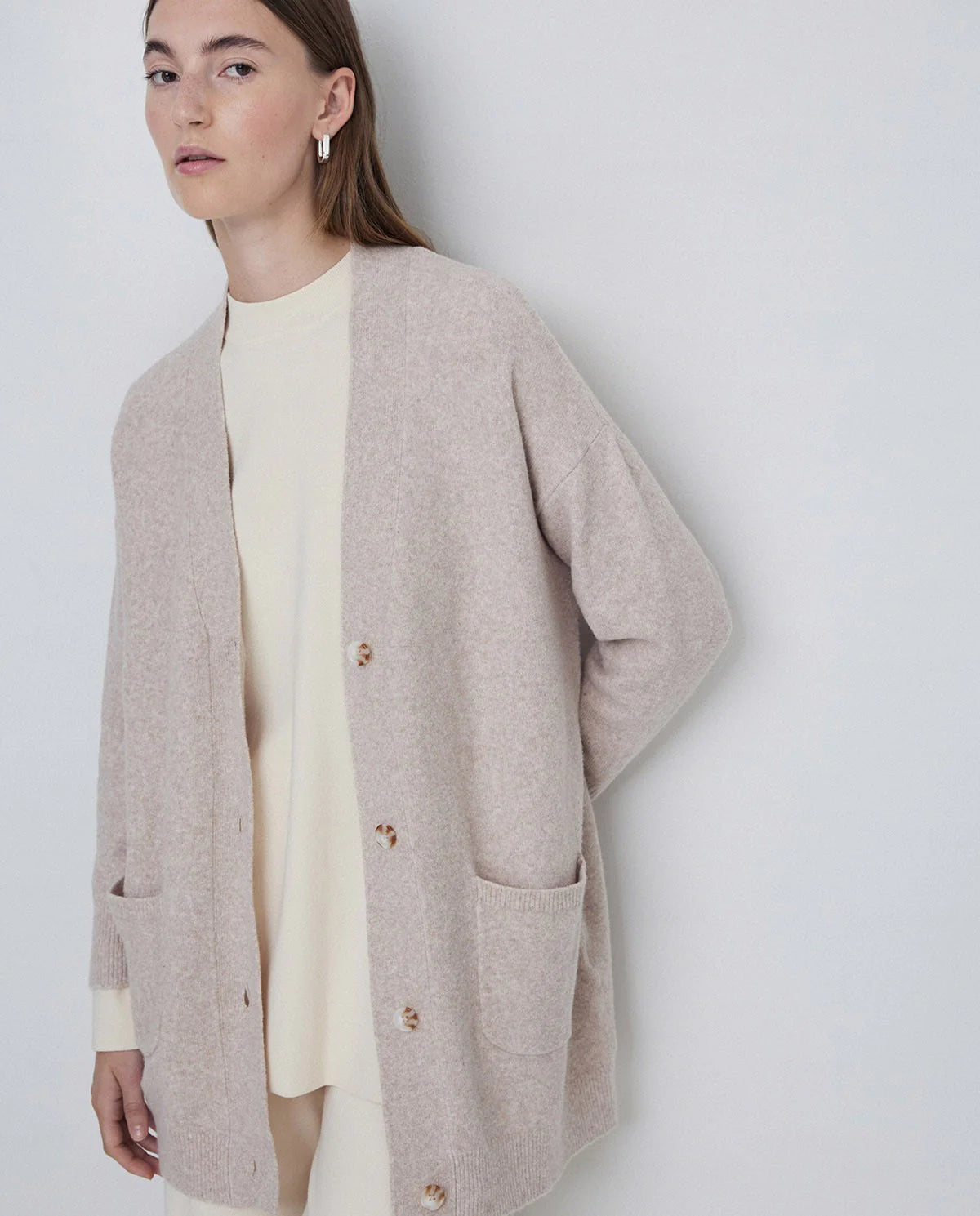 Yerse - Mid Length Cardigan Taupe Stone