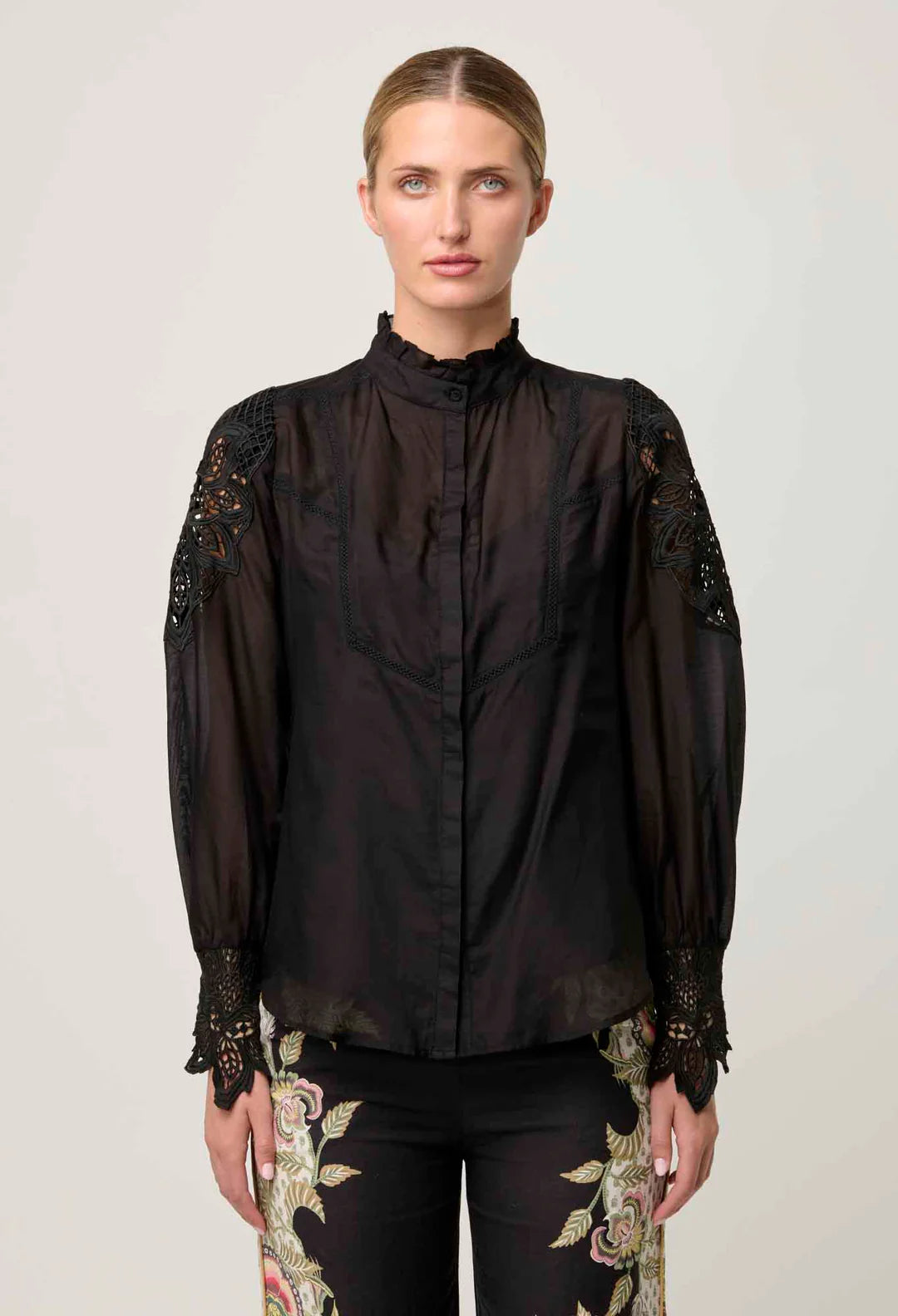 ONCE WAS - Sevilla Cotton Silk Shirt in Black/Onyx