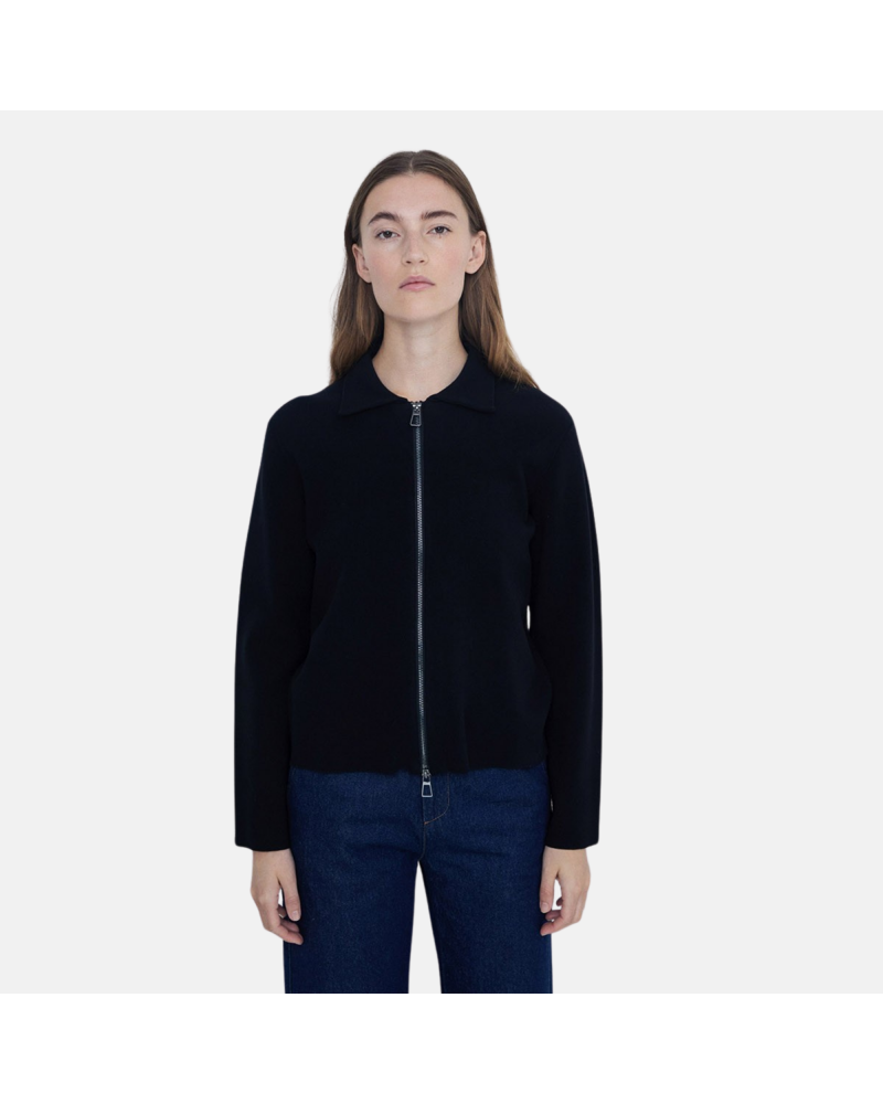 Yerse - Collared Zip Knit Top Black