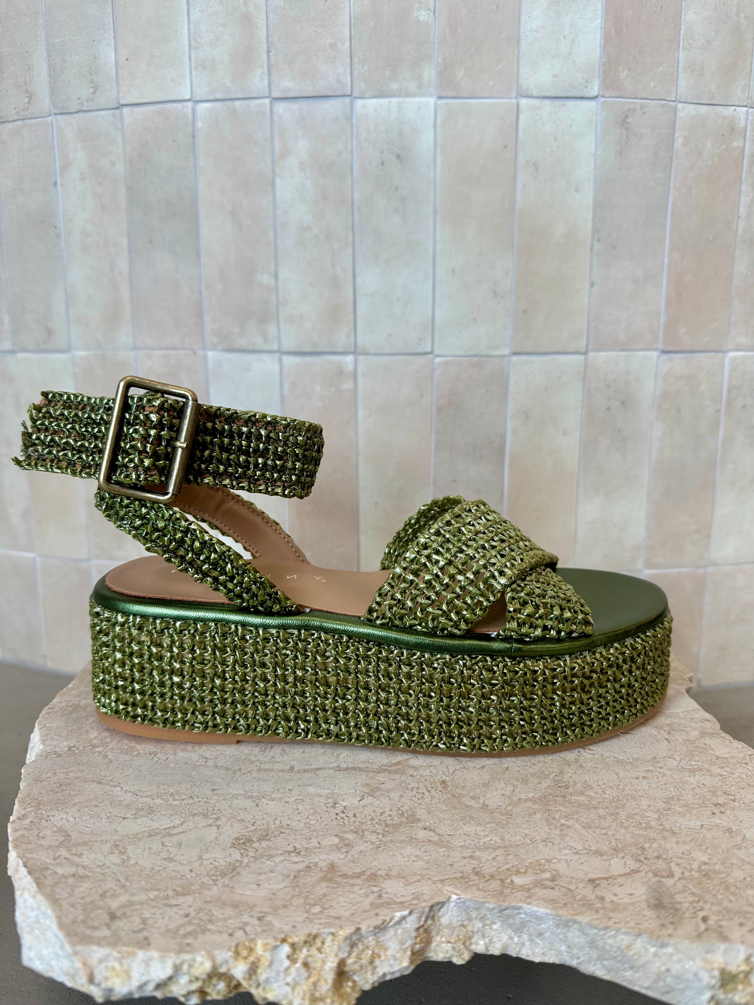Fiorina - Chloe Metallic Green Woven Platform Sandal