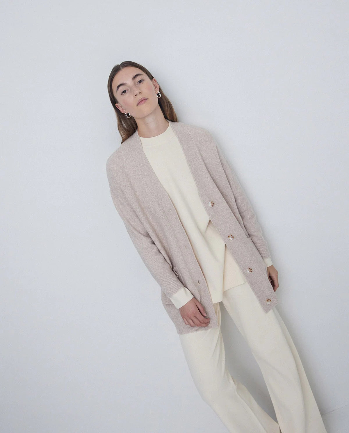 Yerse - Mid Length Cardigan Taupe Stone