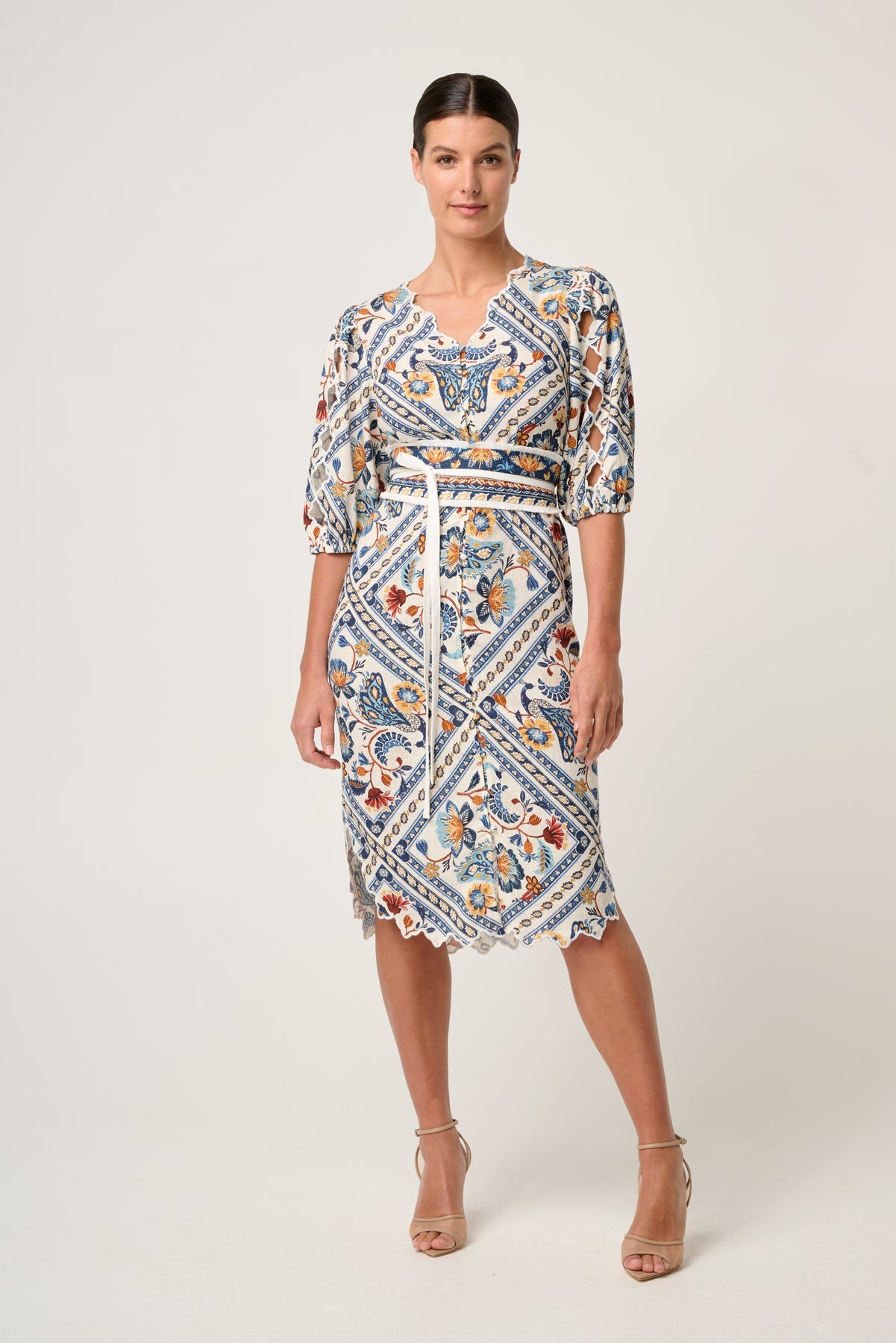 ONCE WAS - Theia Viscose Scallop Embroidered Dress in Petinos Floros