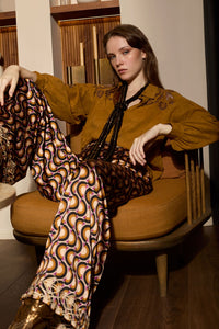 Meisie - Embroidered Satin Trousers Honey