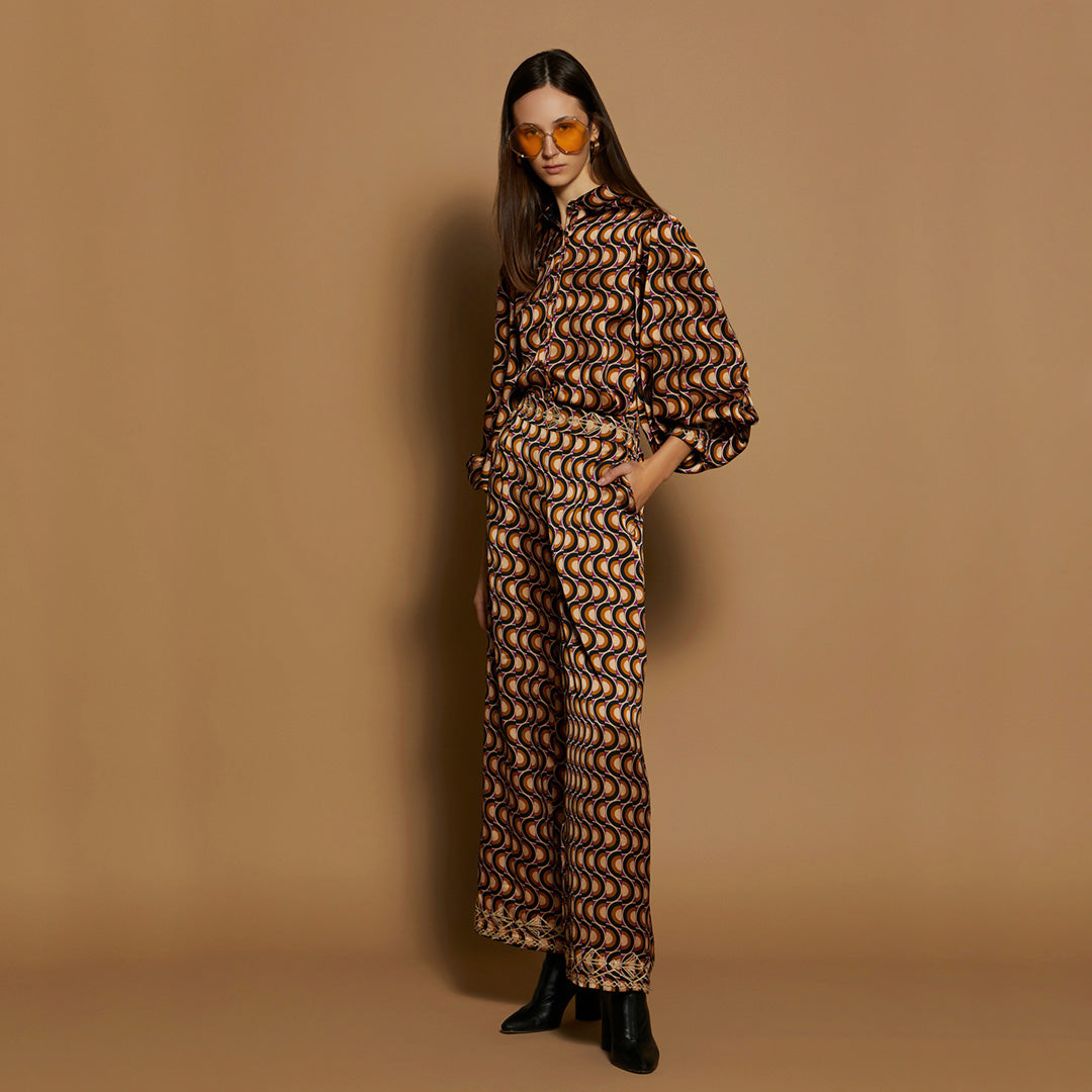 Meisie - Embroidered Satin Trousers Honey