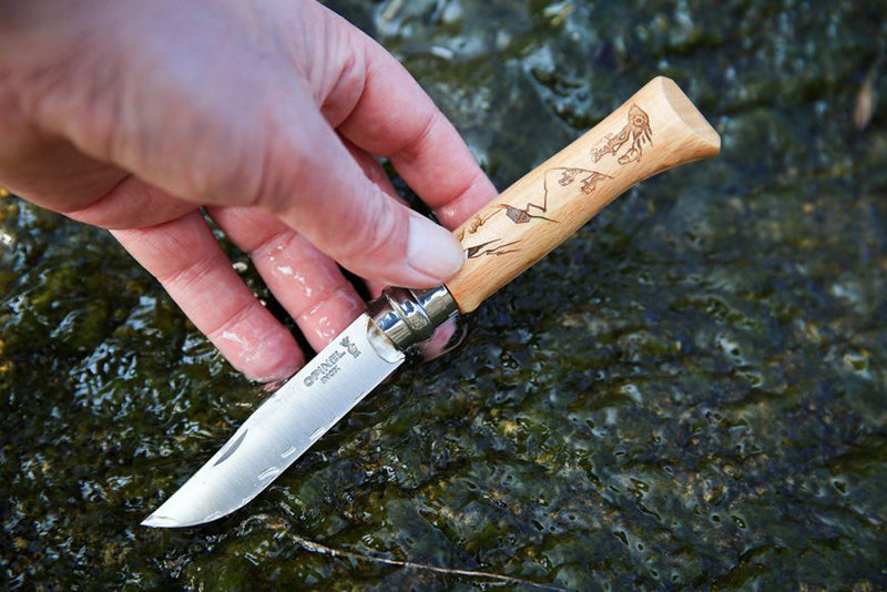 opinel adventure pocket knife hiking wooden handle stainless steel blade