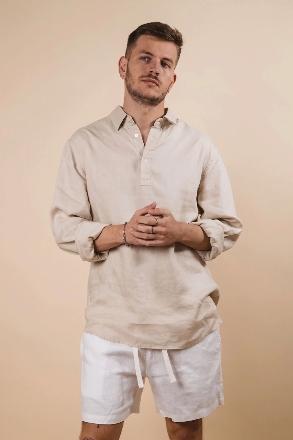 kore studios mens collared linen long sleeve polo shirt in beige with white linen short front