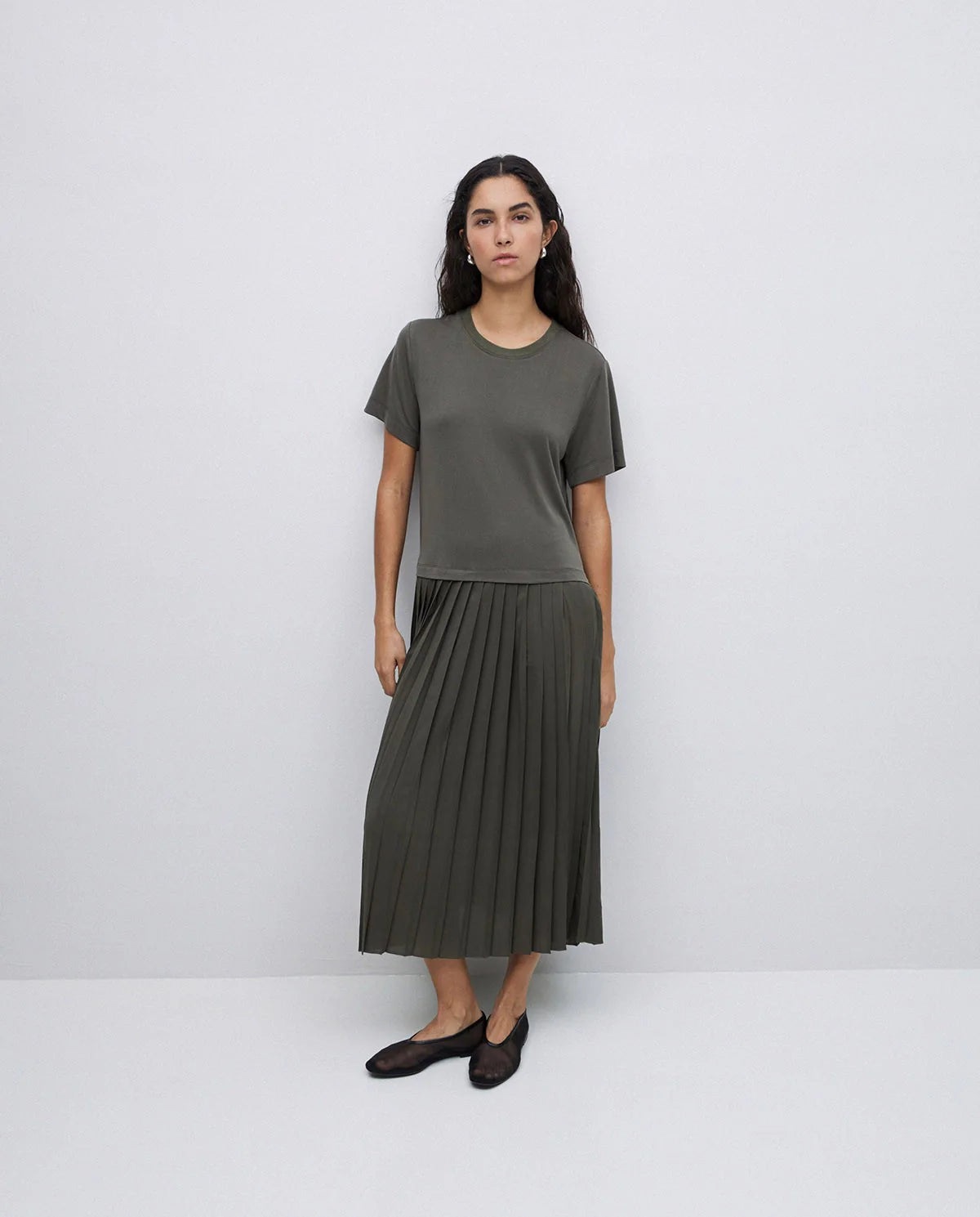 Yerse - Pleated Flare Dress Khaki Green