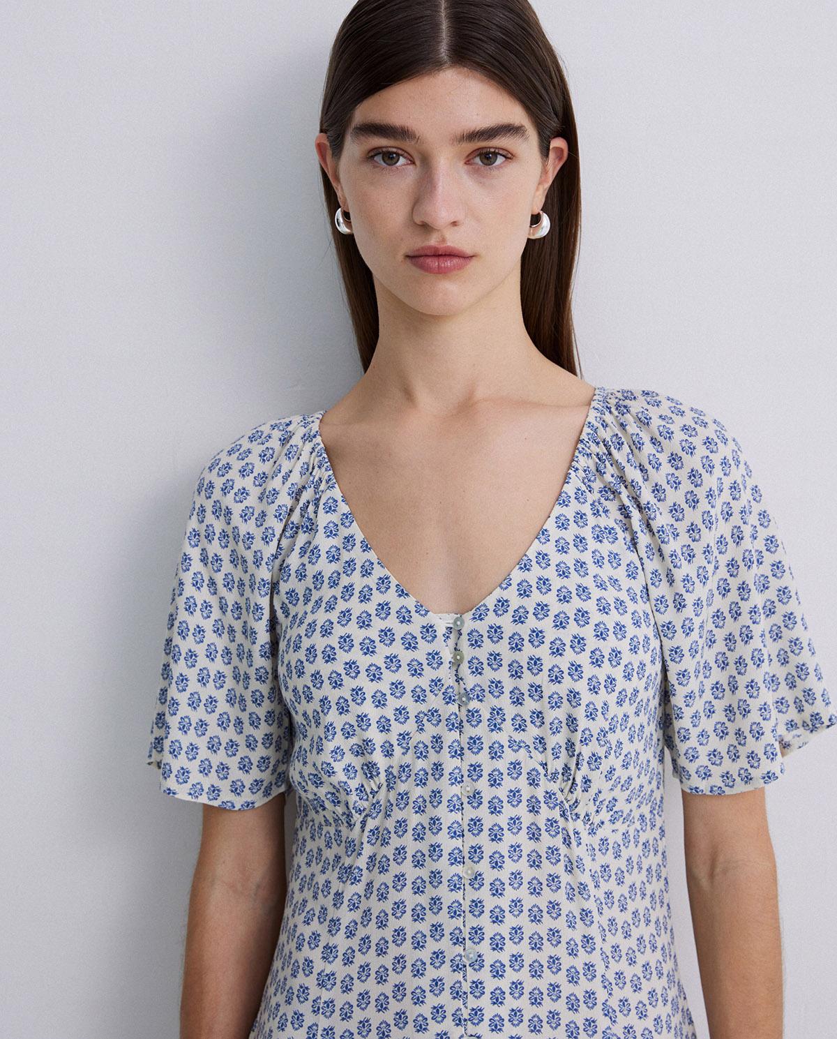 Yerse - Midi Short Sleeve Crepe Dress Navy Flowers