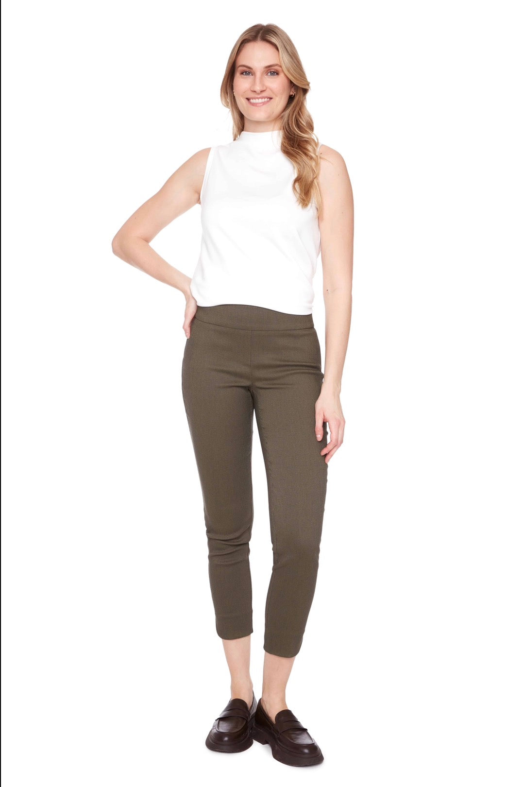 UP! Pants - Textured Techno Petal Slit Ankle Pant Moss