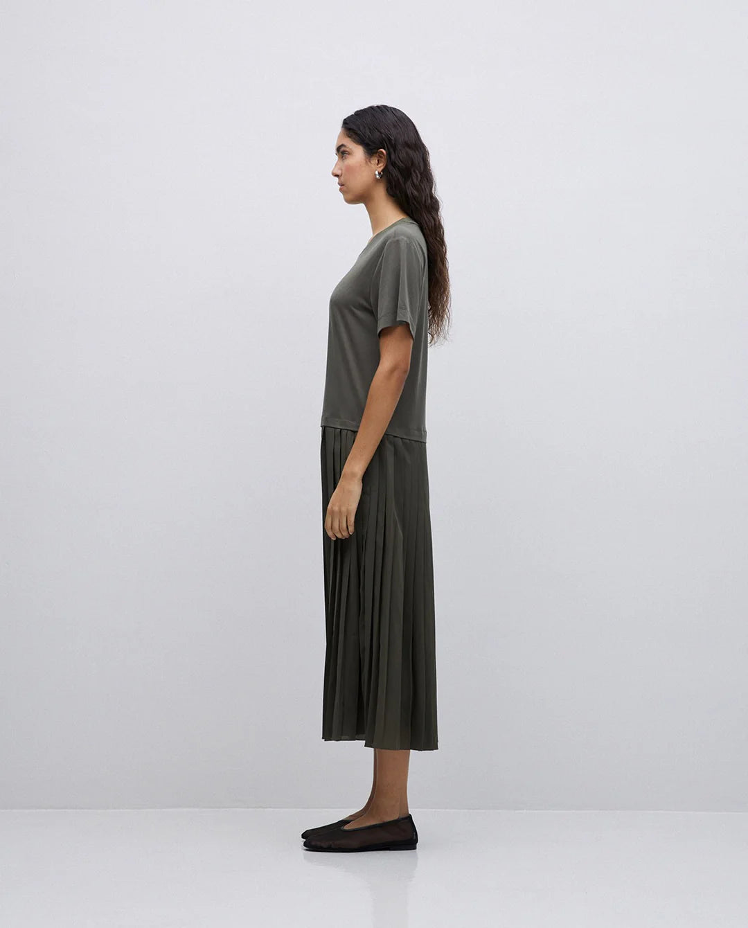 Yerse - Pleated Flare Dress Khaki Green