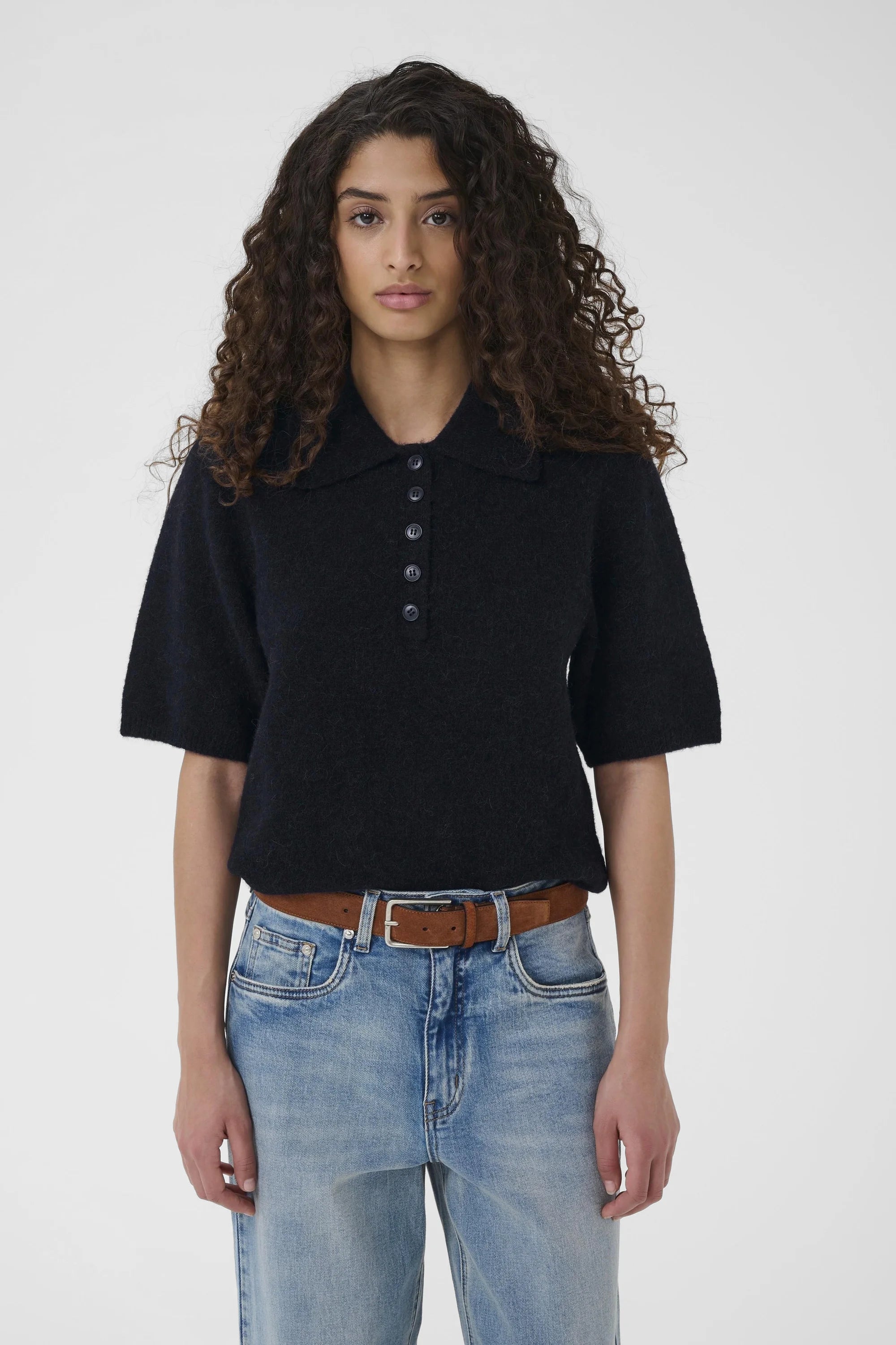 Gestuz - Alpha SS Knit Polo Pullover Deep Navy Skycaptain Melange