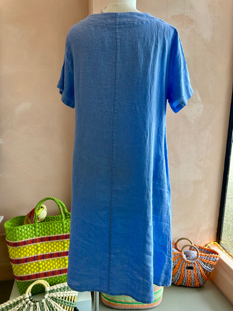 Blueberry Italia - Linen Front Pleat Midi Dress Cornflower Blue