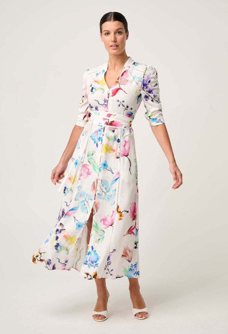 ONCE WAS - Xenia Yoke Linen Viscose Dress in Plume Blossom