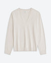 Yerse - Raw V-Neck Long Sleeve Fine Knit Top Ecru