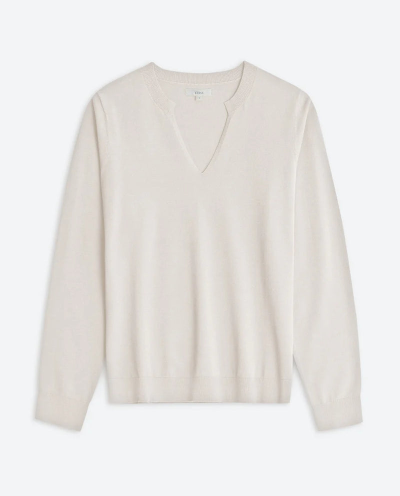 Yerse - Raw V-Neck Long Sleeve Fine Knit Top Ecru