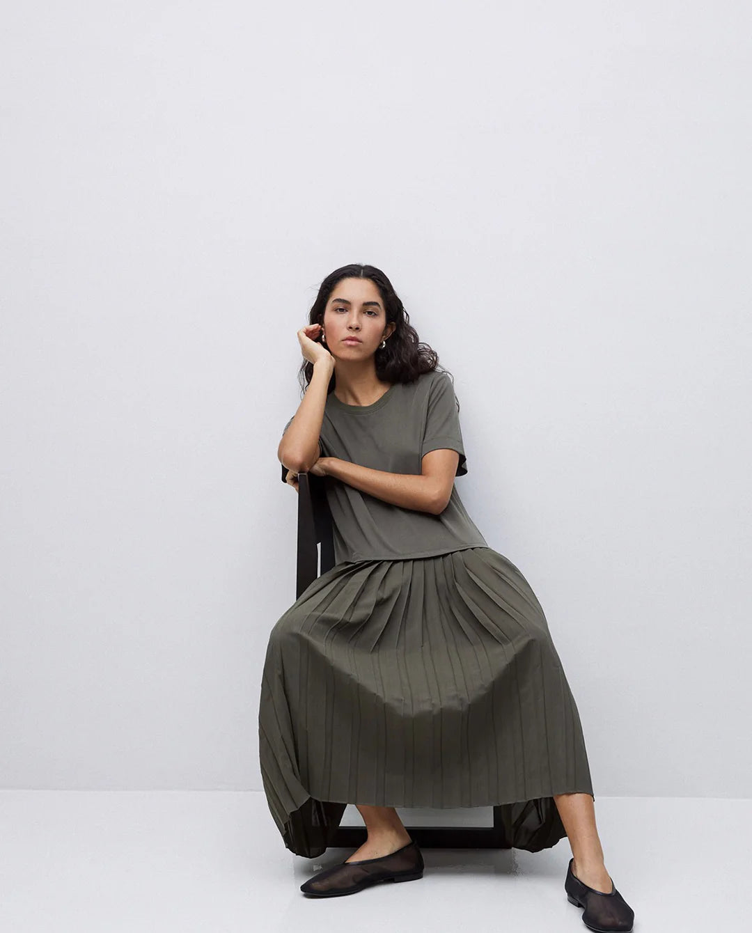 Yerse - Pleated Flare Dress Khaki Green