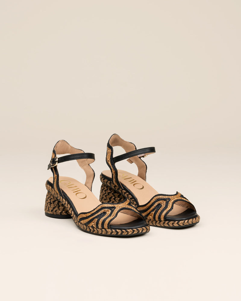 Gaimo - Dane Raffia Espadrille Heels Black/Natural Tan