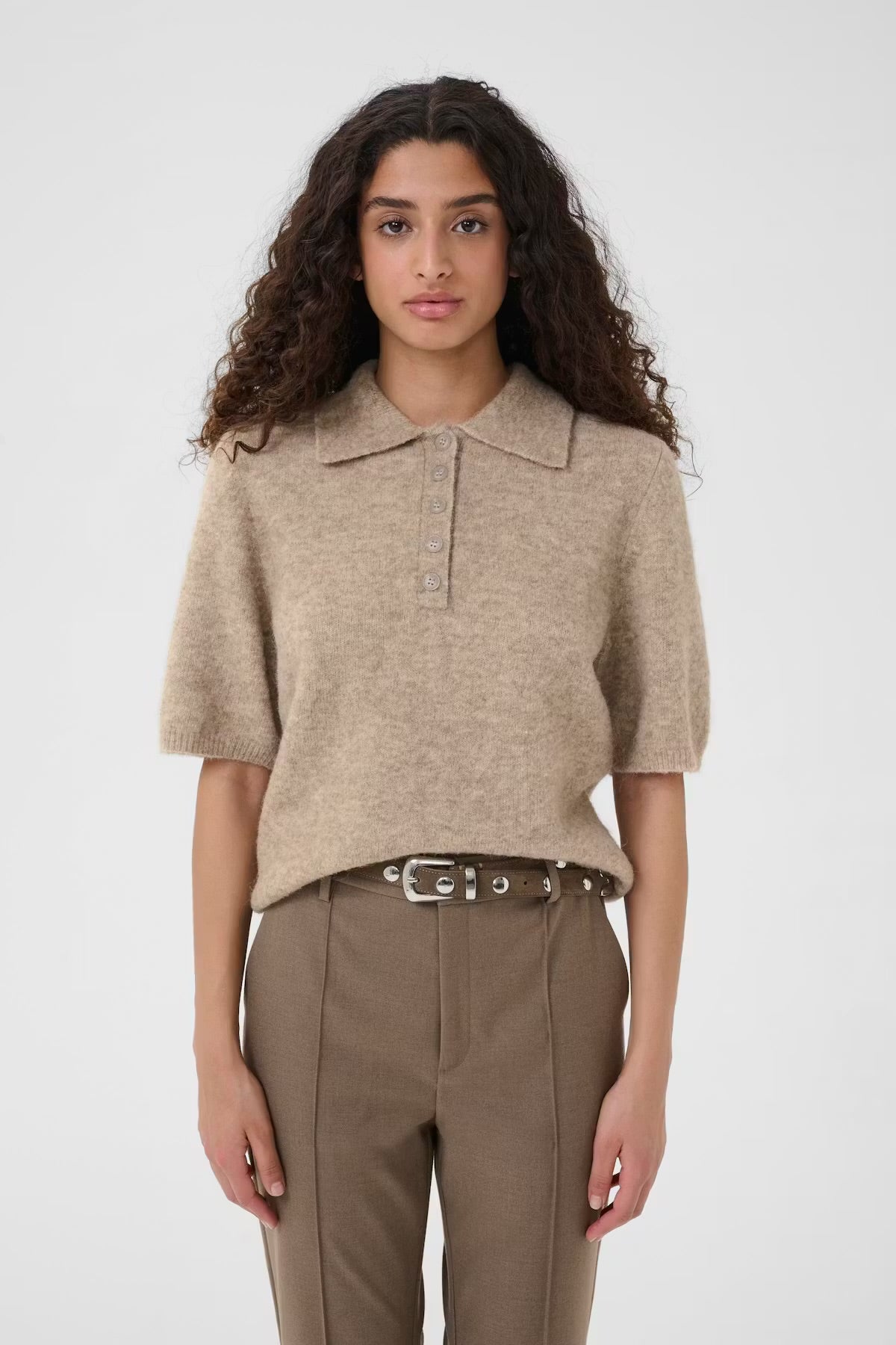 Gestuz - Alpha SS Knit Polo Pullover Warm Sand Melange