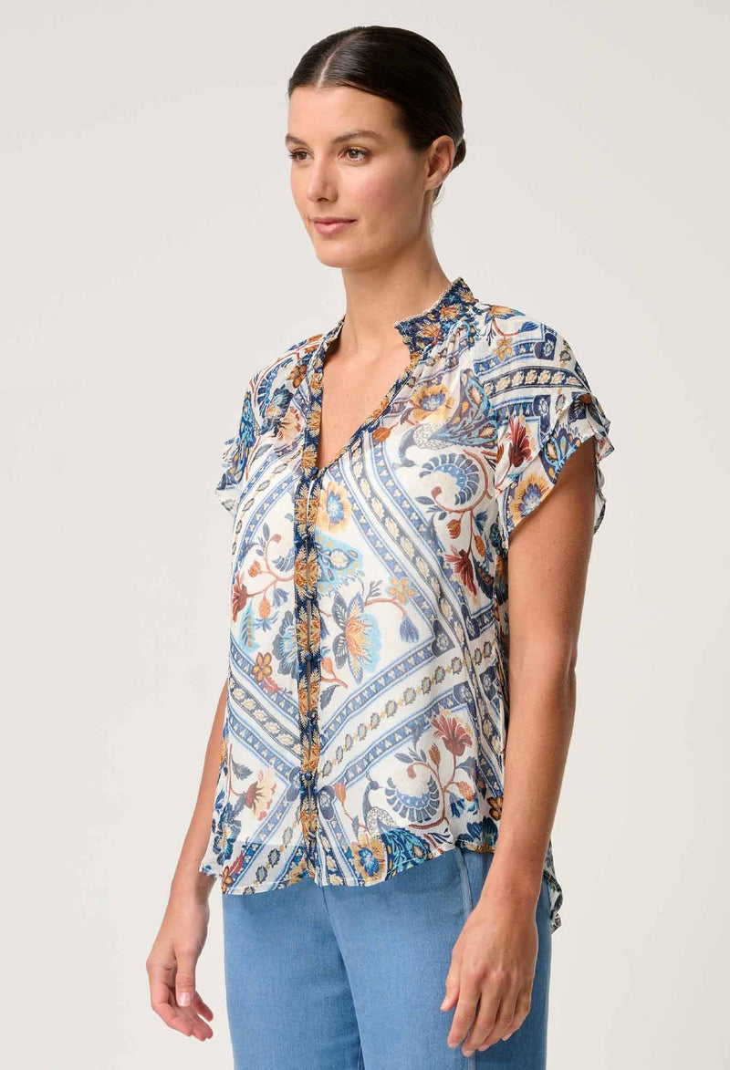 ONCE WAS - Calandra Viscose Yoryu Flutter Sleeve Top in Petinos Floros