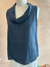 Blueberry Italia - Cowl Neck Linen Sleeveless Top Navy