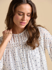 Brakeburn - White and Navy Embroidered Blouse