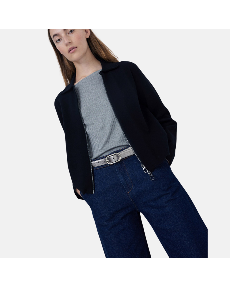 Yerse - Collared Zip Knit Top Black