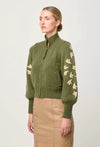 ONCE WAS - Carmela Embroidered Knitted Bomber in Oliva Green