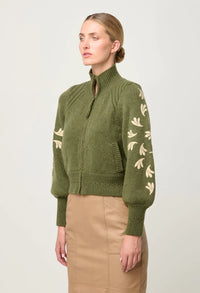 ONCE WAS - Carmela Embroidered Knitted Bomber in Oliva Green