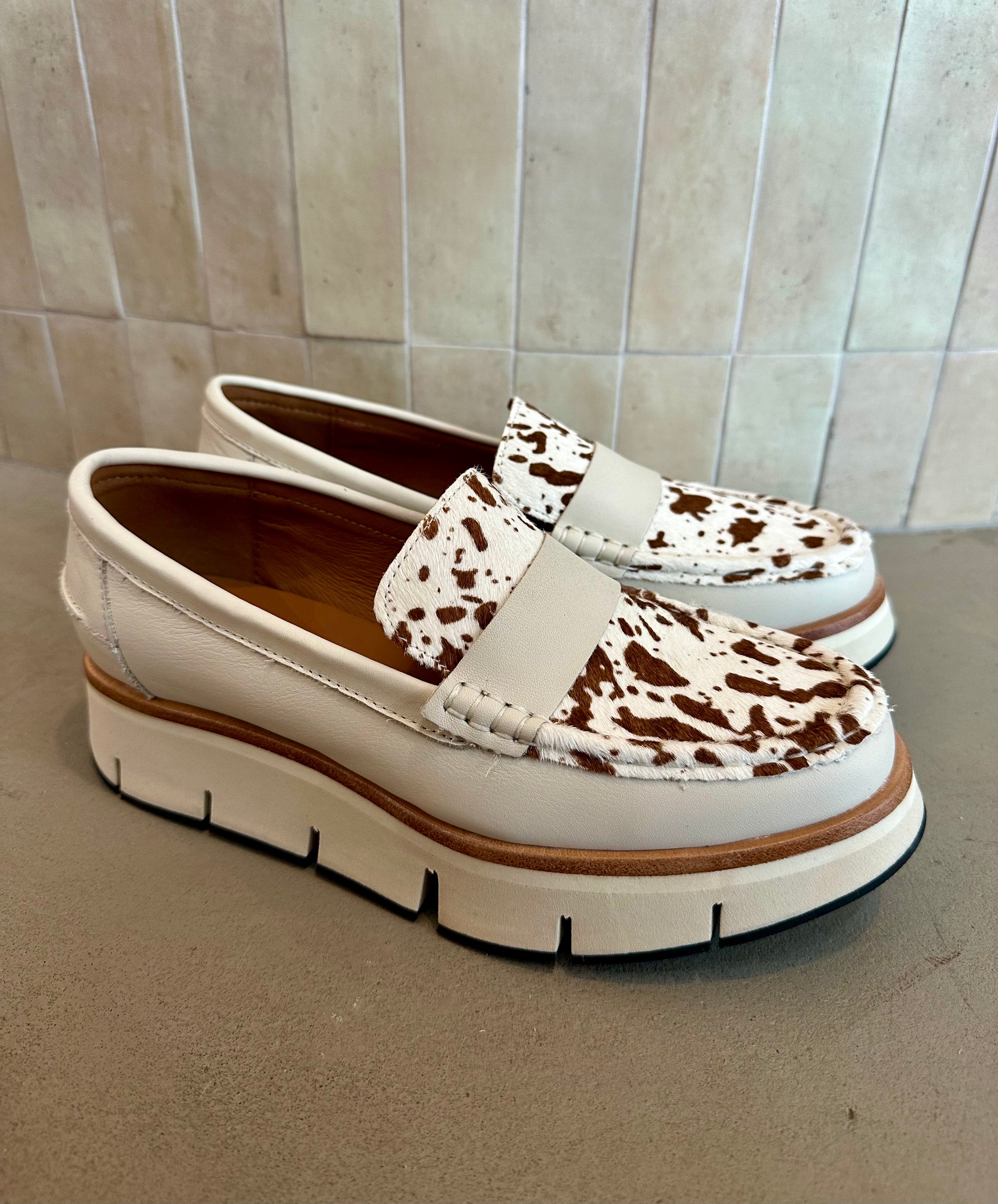 Alfie and Evie - Bato Cream Leather Cow Print Platform Loafer