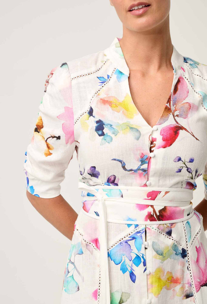 ONCE WAS - Xenia Yoke Linen Viscose Dress in Plume Blossom