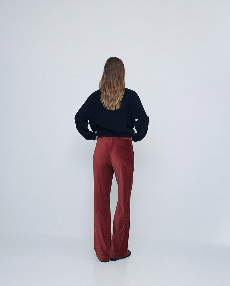 Yerse - Velvet Cord Flare Trouser Rust Brick