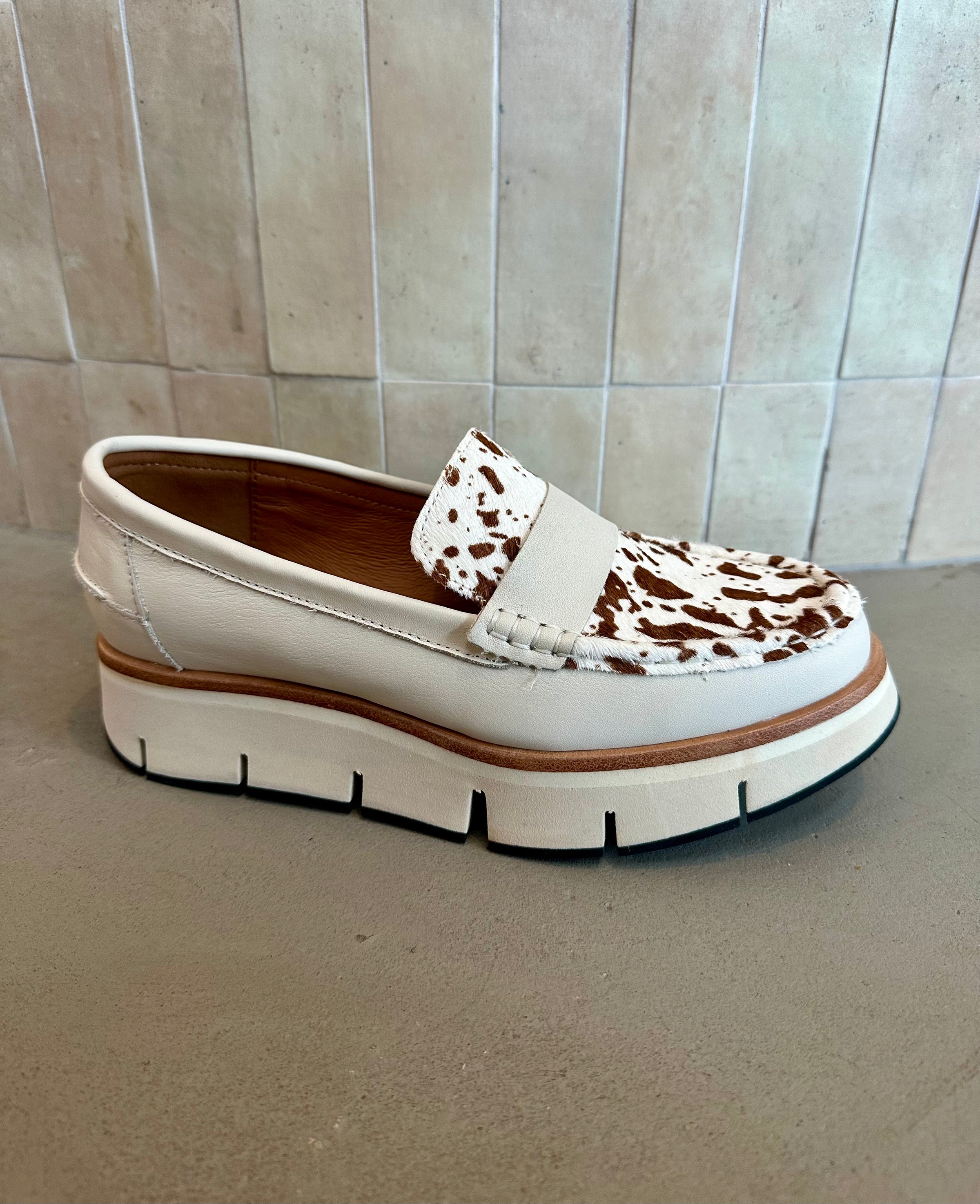Alfie and Evie - Bato Cream Leather Cow Print Platform Loafer
