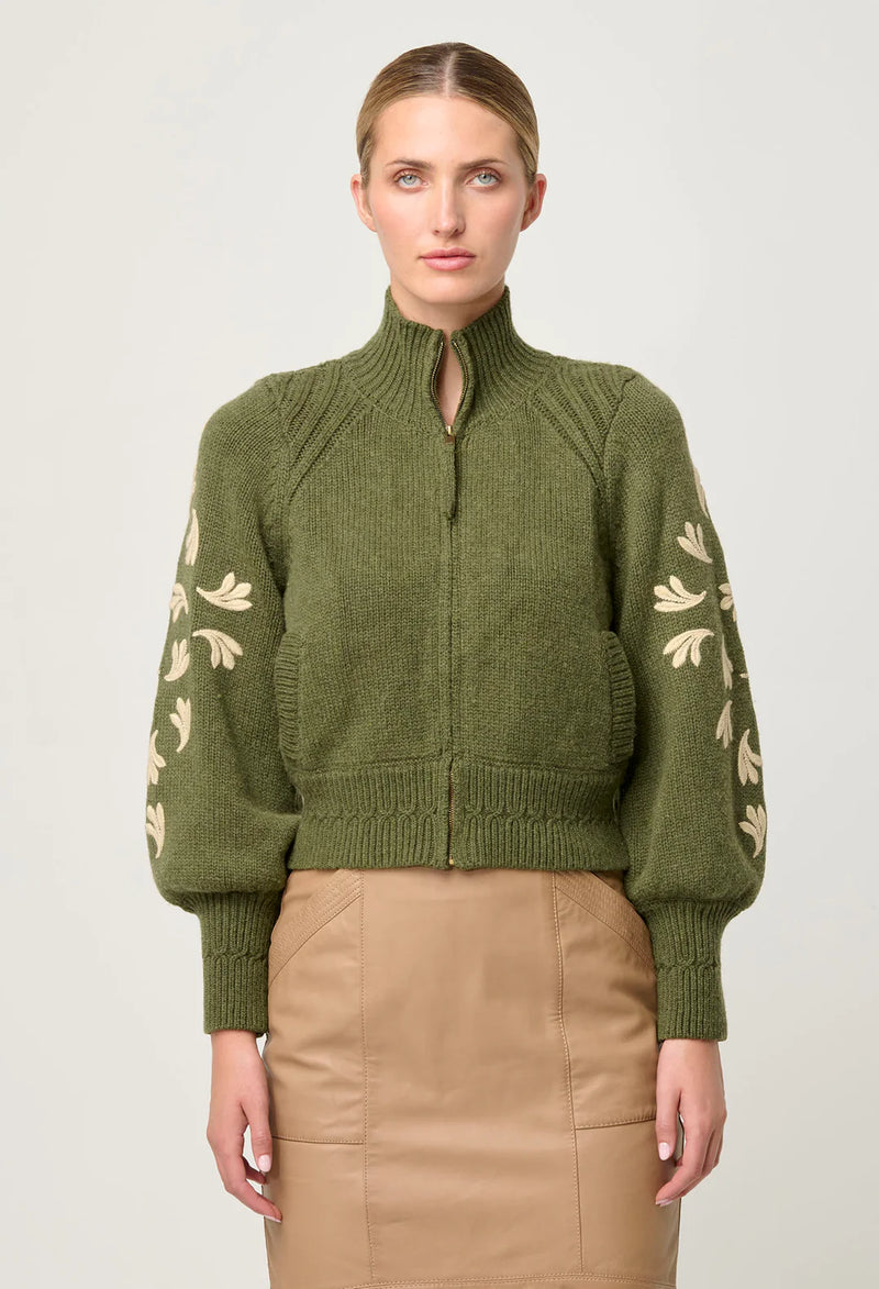 ONCE WAS - Carmela Embroidered Knitted Bomber in Oliva Green