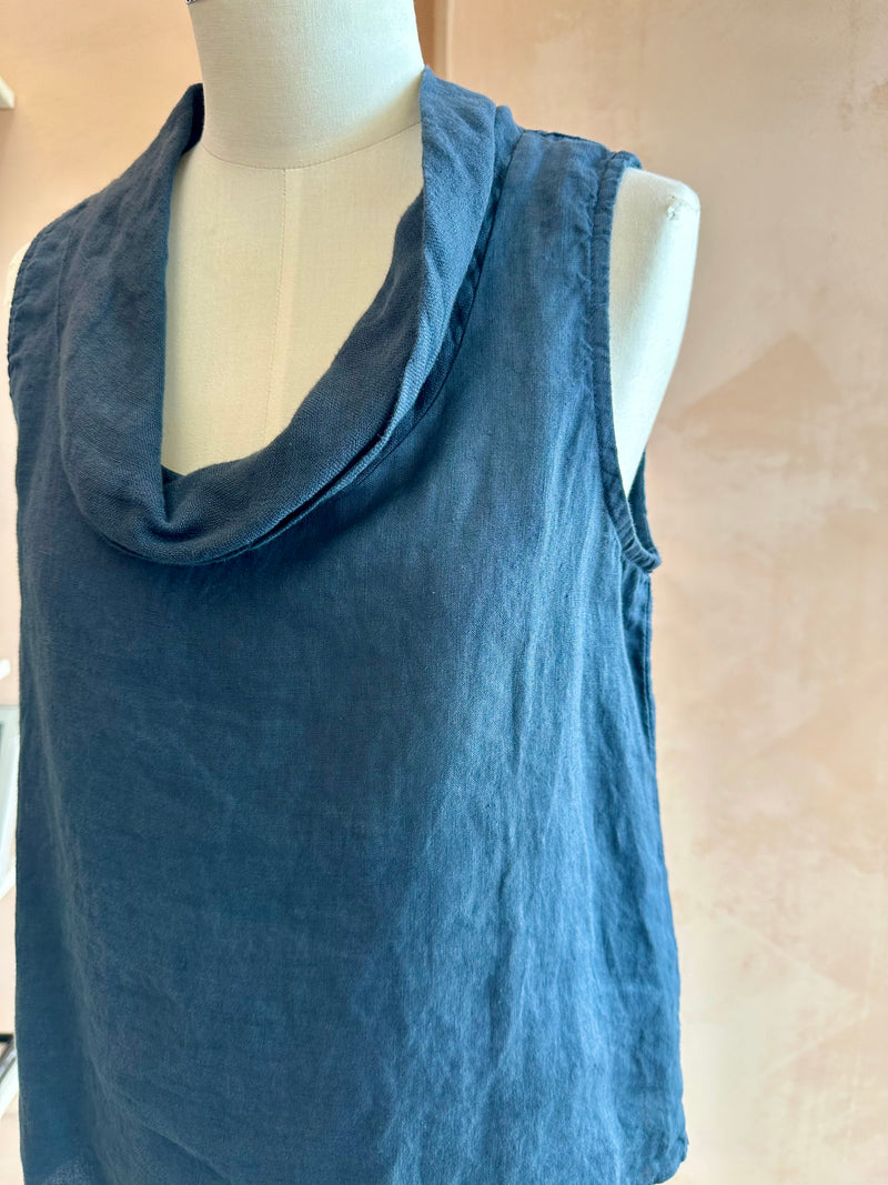 Blueberry Italia - Cowl Neck Linen Sleeveless Top Navy