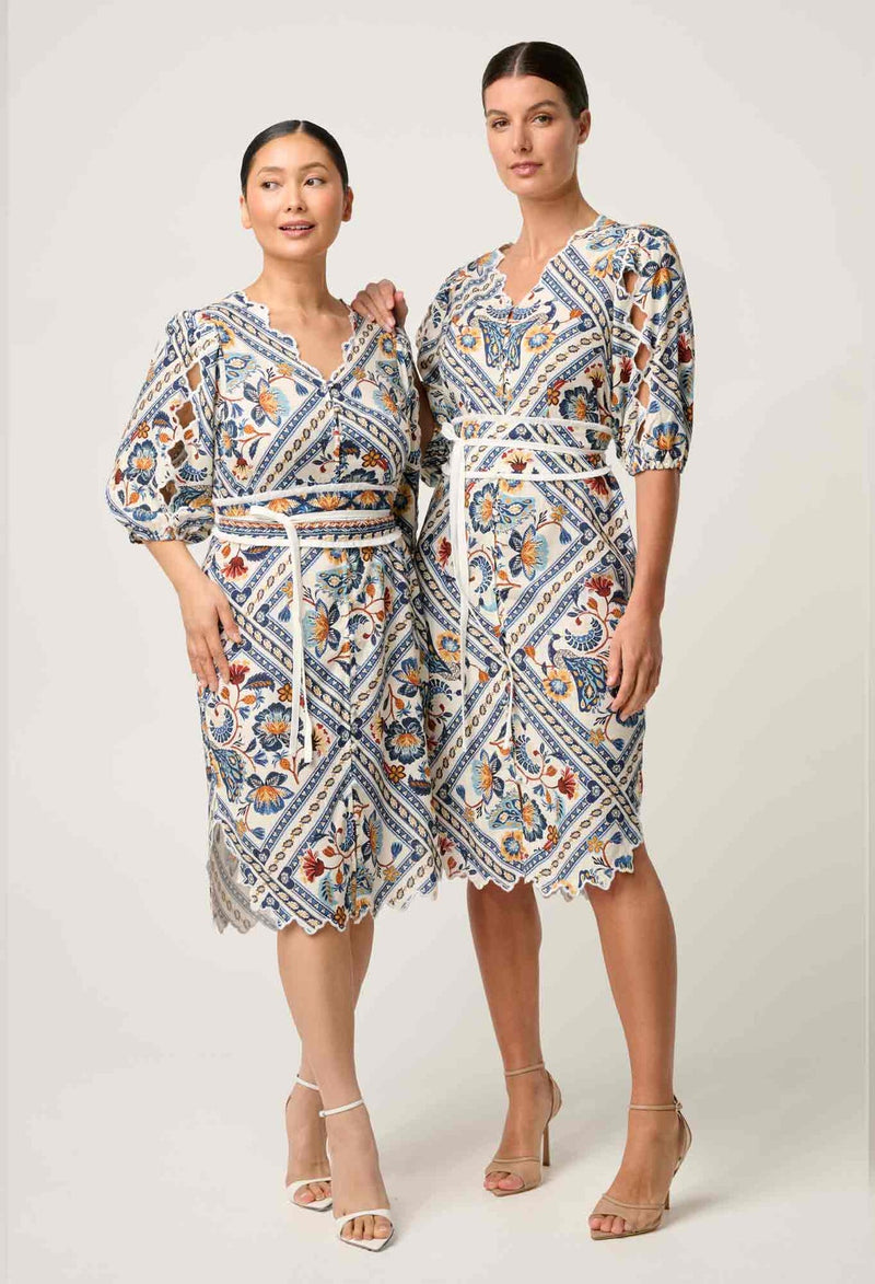 ONCE WAS - Theia Viscose Scallop Embroidered Dress in Petinos Floros