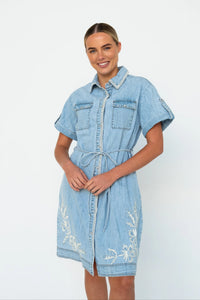 Kireina - Simone Dress Floral  Embroidery 70s Blue Chambray