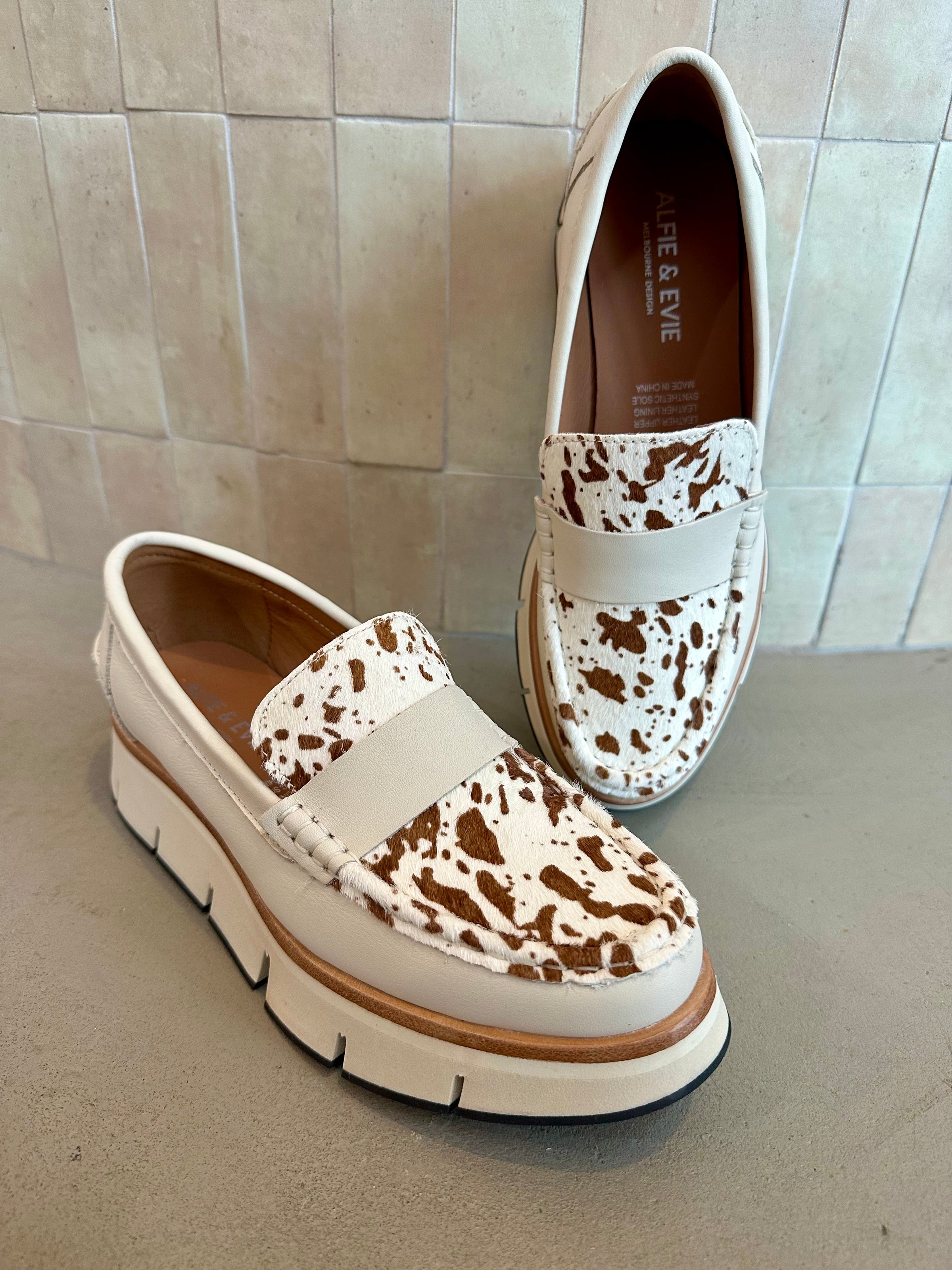 Alfie and Evie - Bato Cream Leather Cow Print Platform Loafer