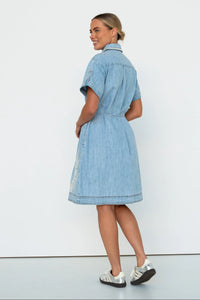 Kireina - Simone Dress Floral  Embroidery 70s Blue Chambray