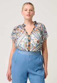 ONCE WAS - Calandra Viscose Yoryu Flutter Sleeve Top in Petinos Floros