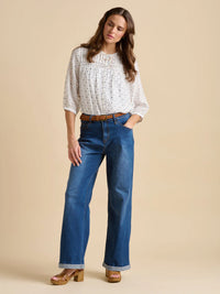Brakeburn - White and Navy Embroidered Blouse