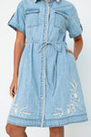Kireina - Simone Dress Floral  Embroidery 70s Blue Chambray