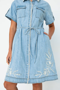 Kireina - Simone Dress Floral  Embroidery 70s Blue Chambray