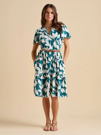 Brakeburn - Teal Woodland Leaves Cotton Jersey Knee Length Dress