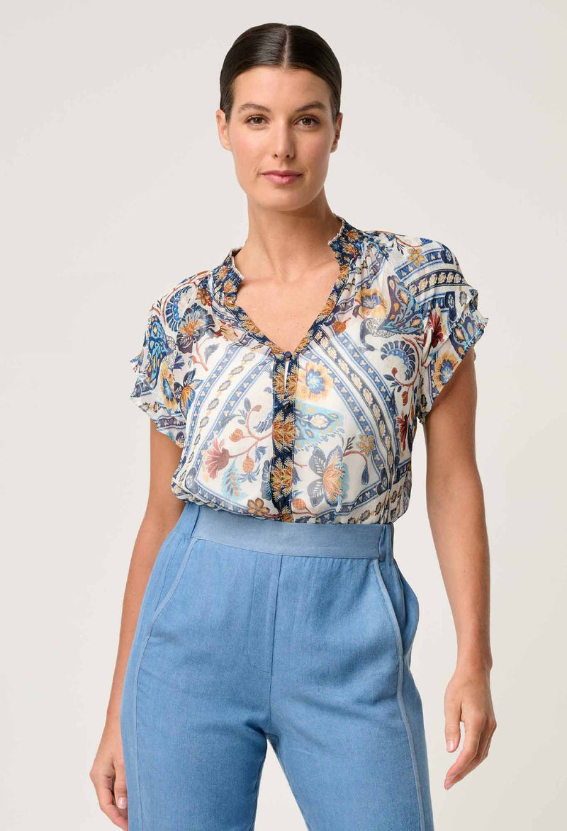 ONCE WAS - Calandra Viscose Yoryu Flutter Sleeve Top in Petinos Floros