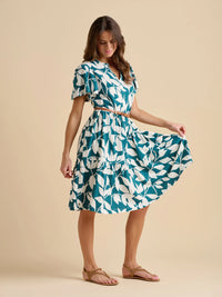 Brakeburn - Teal Woodland Leaves Cotton Jersey Knee Length Dress