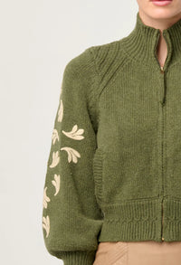 ONCE WAS - Carmela Embroidered Knitted Bomber in Oliva Green