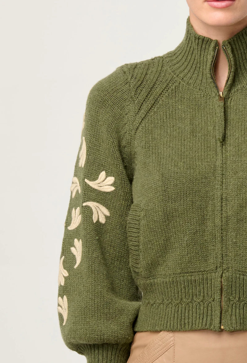 ONCE WAS - Carmela Embroidered Knitted Bomber in Oliva Green