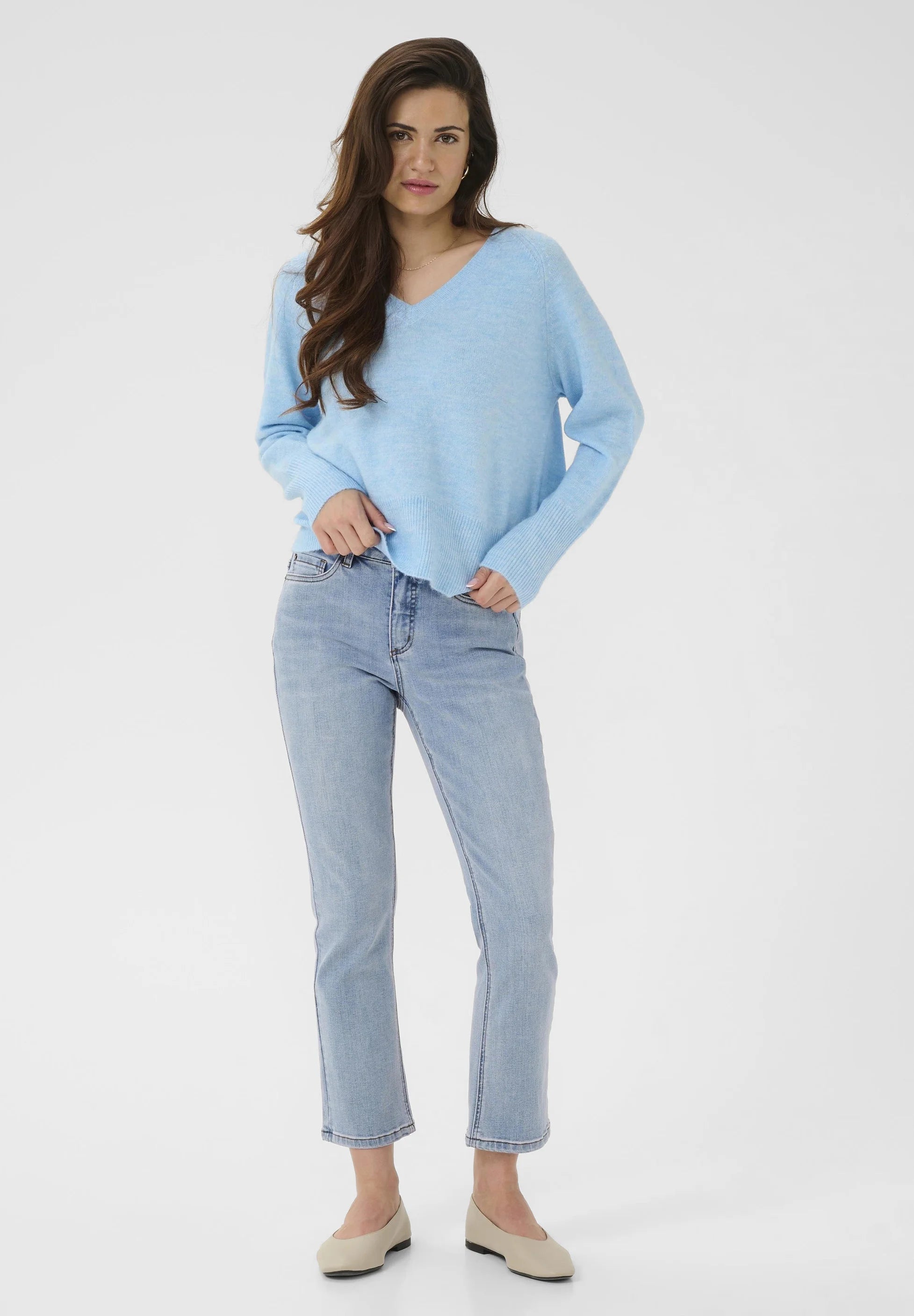 KAFFE - Aniel V Neck Knit Pullover Powder Blue Melange
