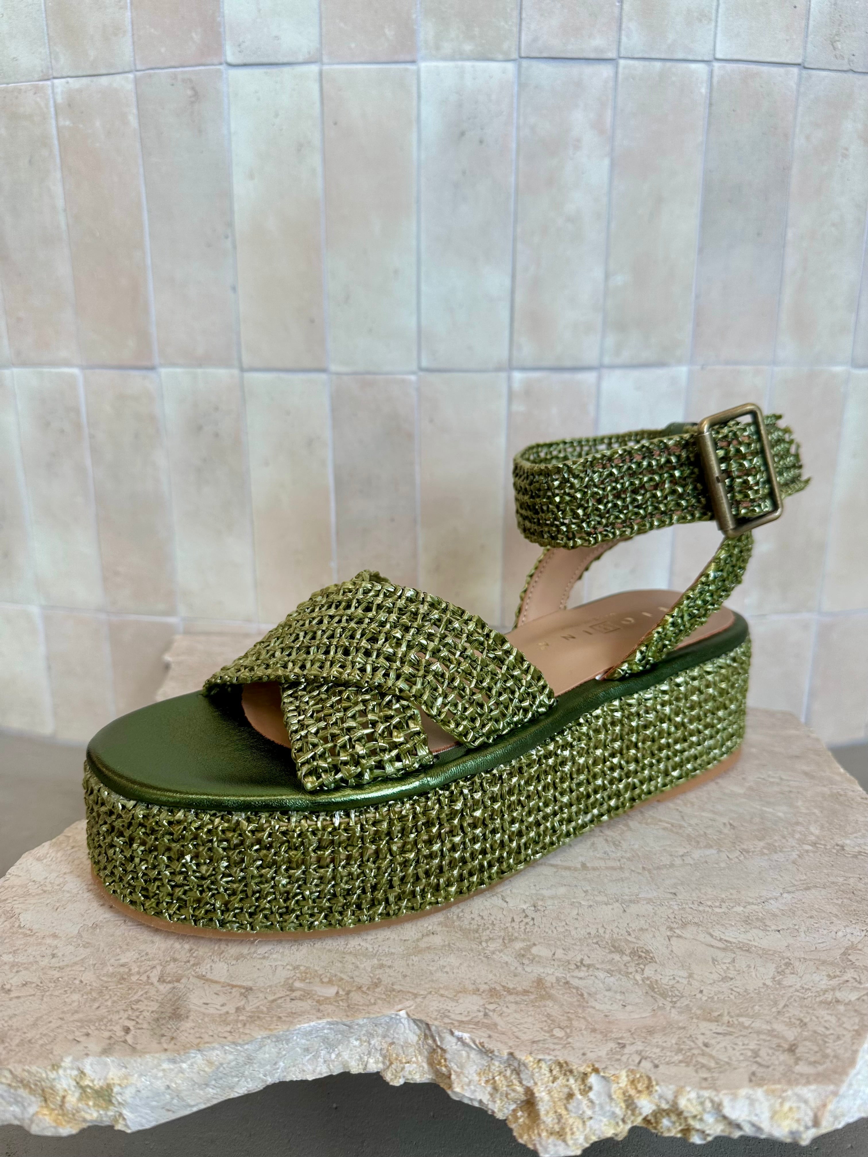 Fiorina - Chloe Metallic Green Woven Platform Sandal - Size 40