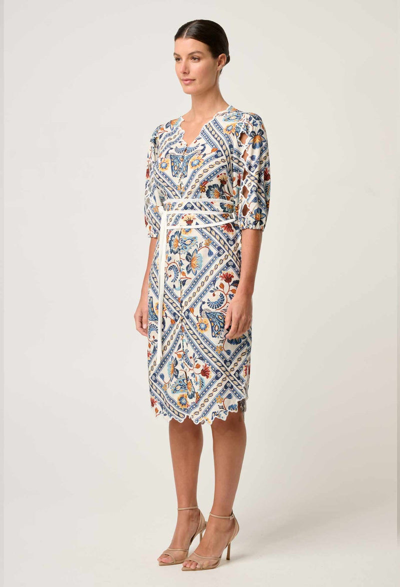 ONCE WAS - Theia Viscose Scallop Embroidered Dress in Petinos Floros